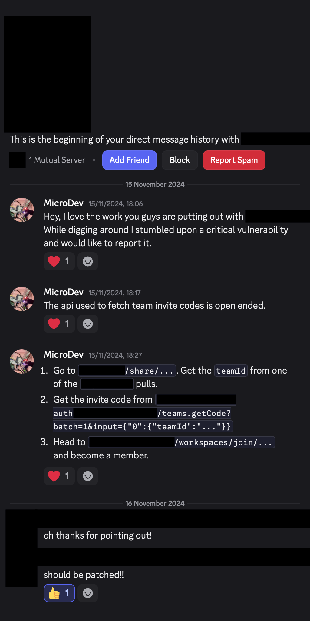 Redacted screenshot of the disclosure thread with the founders